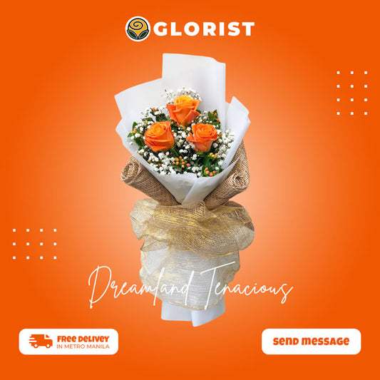 A bouquet of 3 Orange Ecuadorian roses with Hypericum Berries and Gypsophila fillers, beautifully wrapped in burlap and white Korean wrap.