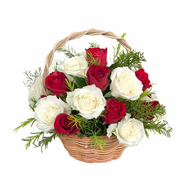 Tangible Fantasy Basket Arrangement: Red Roses, White Roses, and Lemon Grass Fillers