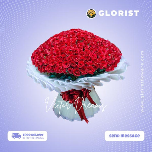 Grand bouquet: 365 red roses in a Korean wrap with border, beautifully tied with a satin ribbon. An extravagant display of love and passion.