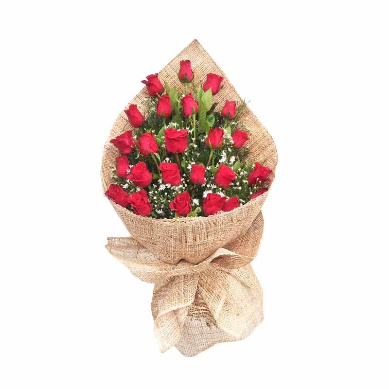 Classic Beauty: 2 Dozen Red Roses with Aster Fillers - Rustic charm in a burlap wrap, perfect for any occasion.