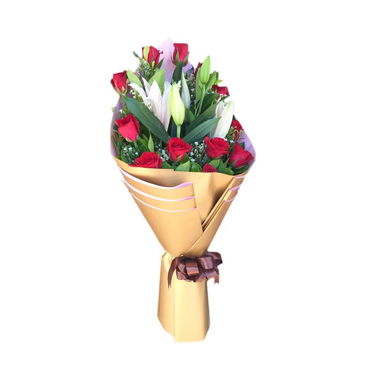 Exquisite Stargazer & Red Rose Bouquet with Aster Fillers - Two-tone Korean wrap, satin ribbon. Perfect for any special occasion.