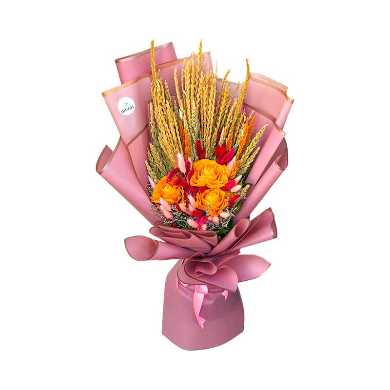 Honest Eternal: Expertly arranged with a variety of dried flowers, this captivating bouquet exudes lasting charm. Elevate any space with its artful display, showcasing the natural elegance of dried blooms. A true testament to timeless beauty.