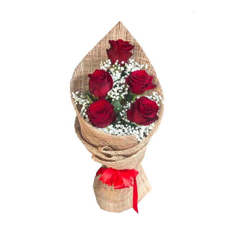 Premium bouquet: Five Ecuadorian roses with Gypsophila fillers, beautifully wrapped in burlap and satin ribbon