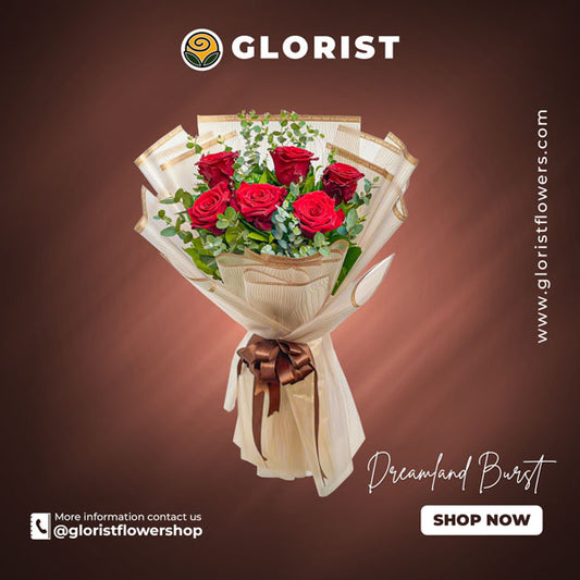 A stunning bouquet of 6 red Ecuadorian roses, adorned with vibrant eucalyptus fillers. This exquisite arrangement is elegantly wrapped in Korean-style wrapping, finished with a luxurious brown satin ribbon. The combination of vibrant colors and elegant presentation makes this bouquet a perfect choice for any special occasion or celebration.