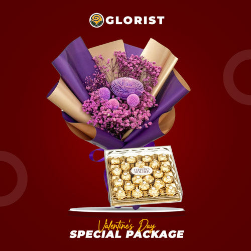 Special Dried Flower Set with purple gypsophila, dried flowers, and T24 Ferrero Rocher, wrapped in a luxurious purple and gold two-tone wrap.