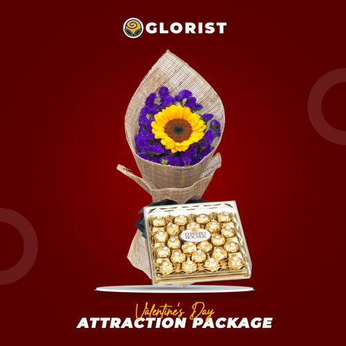 Attraction Set featuring a bouquet of sunflowers and violet statice, wrapped in burlap with T24 Ferrero Rocher chocolates.