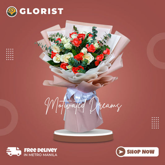 Captivating Bouquet of White and Pomelo Roses complemented by delicate Eucalyptus Fillers, beautifully arranged in a Korean-style wrap and adorned with a luxurious Satin Ribbon.