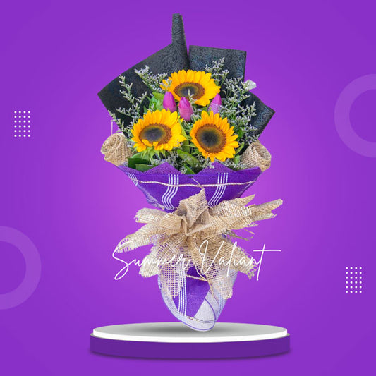 Sunny trio: Bouquet featuring 3 sunflowers, 3 violet tulips, with delicate misty blue fillers, wrapped in tissue paper, burlap, and net for a rustic touch of charm.