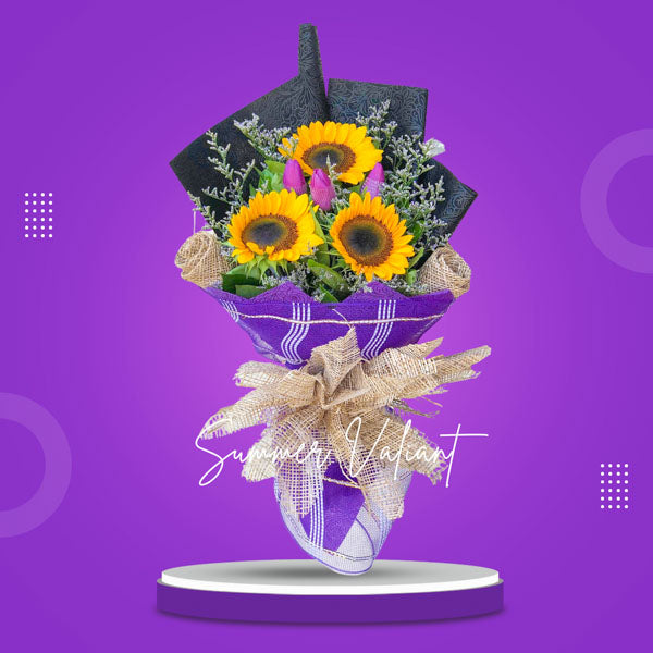Sunny trio: Bouquet featuring 3 sunflowers, 3 violet tulips, with delicate misty blue fillers, wrapped in tissue paper, burlap, and net for a rustic touch of charm.