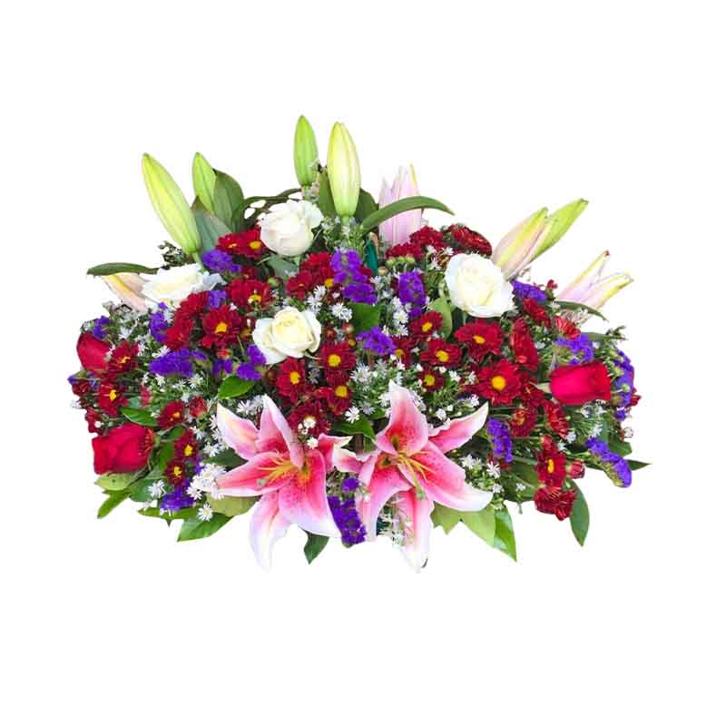 Exquisite Flower Basket: A stunning arrangement of stargazer lilies, white and red roses, maroon Malaysian mums, vibrant violet statice, delicate aster, and lush rosal leaves. This beautifully crafted flower basket showcases a harmonious blend of colors and textures, making it a perfect gift for any occasion. Express your love and admiration with this captivating floral ensemble.