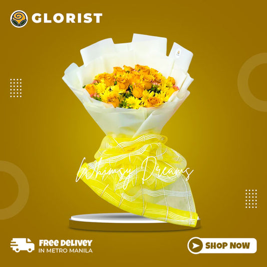 Enchanting 18 Floral Painted Yellow Rose Bouquet and Gerbera Daisies with Hypericum Berries, Korean-style Wrap, Satin Ribbon.