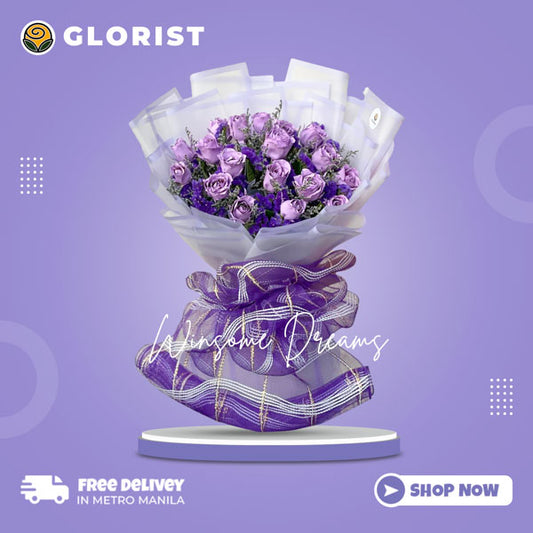 Enchanting 18 Floral Painted Purple Rose Bouquet with Misty Blue and Violet Statice Fillers, Korean-style Wrap, Satin Ribbon.