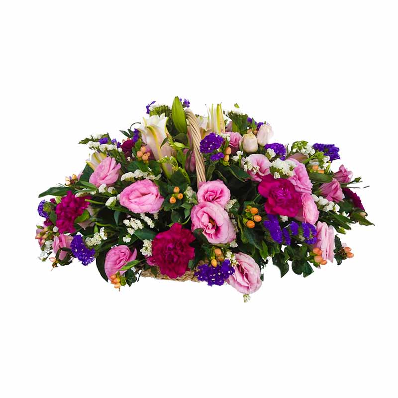 A captivating basket filled with Stargazer lilies, red carnations, and pink lisianthus, accompanied by beautiful violet and white statice and hypericum berries. Perfect for expressing your love and admiration on any occasion. Order now and brighten someone's day.