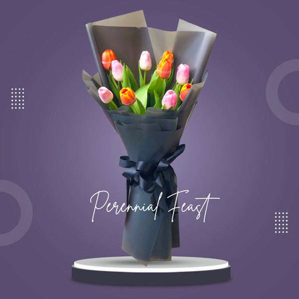 Bright bouquet: 5 orange and 5 pink tulips in a Korean wrap, elegantly tied with a satin ribbon. A burst of color and beauty.