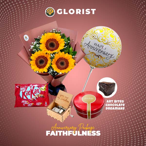 Vibrant Sunflower bouquet, indulgent Art Bites chocolate dream cake, KitKat chocolate, enchanting music box, and celebratory anniversary balloon all thoughtfully included in this exquisite package.