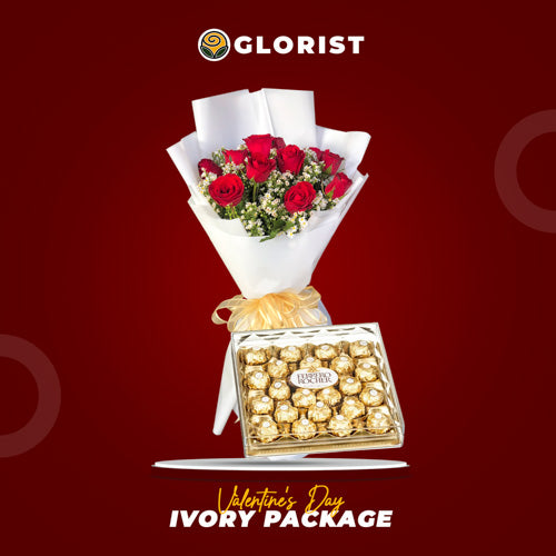 Ivory Set featuring 1 dozen red roses with aster flowers, wrapped in white Korean wrap with T24 Ferrero Rocher chocolates.