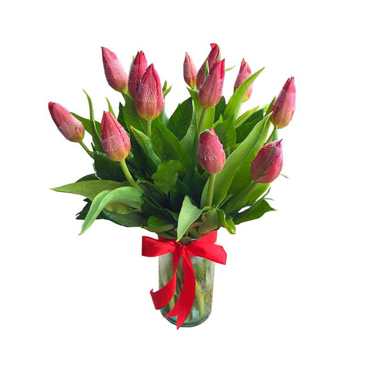 Charming vase arrangement: 12 tulips elegantly displayed with a satin ribbon. A delightful burst of color and natural elegance.