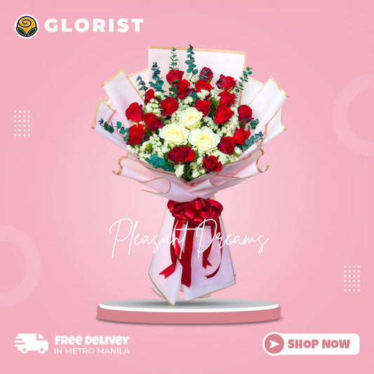 Captivating Bouquet of Red and White Roses complemented by delicate Eucalyptus and Statice Fillers, beautifully arranged in a Korean-style wrap and adorned with a luxurious Satin Ribbon.