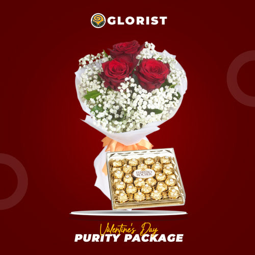 Purity Set Valentine’s gift with 3 imported Ecuadorian roses, white gypsophila fillers, and T24 Ferrero Rocher chocolates, wrapped in white Korean wrap.