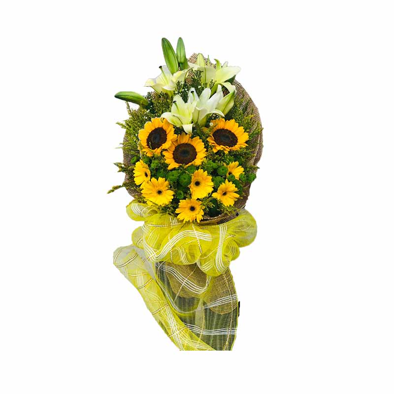 Breathtaking bouquet: Sunflowers, Stargazers, Gerberas adorned with Golden Rod and Green Buttons, wrapped in rustic burlap and net, radiating natural charm.