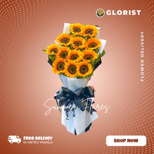 Stunning dozen sunflowers with Golden Rod fillers: Korean wrapped bouquet enhanced with a satin ribbon, showcasing vibrant beauty and elegance. Perfect for delivery to Fort Santiago and San Agustin Church.