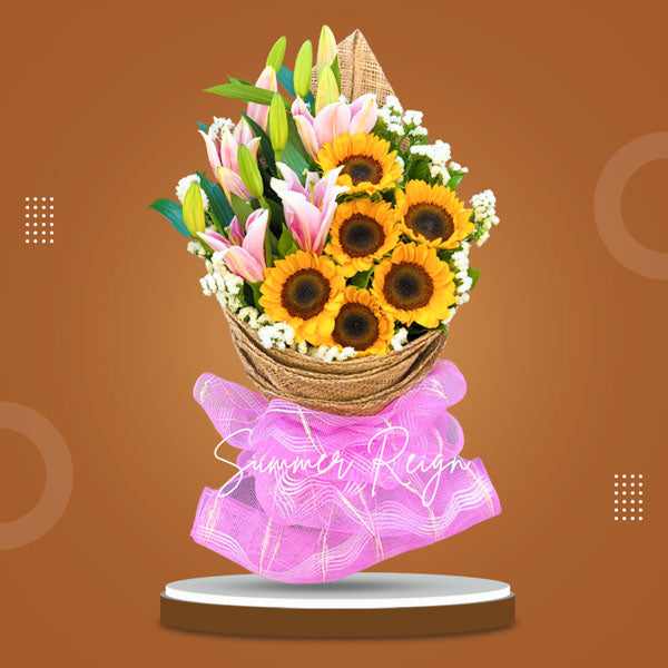 Vibrant sunflowers and elegant stargazers bouquet adorned with static fillers, wrapped in burlap and net for a charming touch.