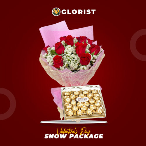 1 Dozen Red Roses with White Statice Fillers, Wrapped in Light Pink Tissue and Cream Abaca, Accompanied by T24 Ferrero Rocher Chocolates