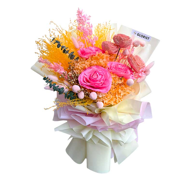 Moving Eternal: Meticulously crafted with exquisite artistry, this bouquet is a timeless masterpiece. Each bloom tells a story, evoking emotions that resonate with its enduring beauty. Let the melody of these dried flowers fill your space with enchantment and grace.