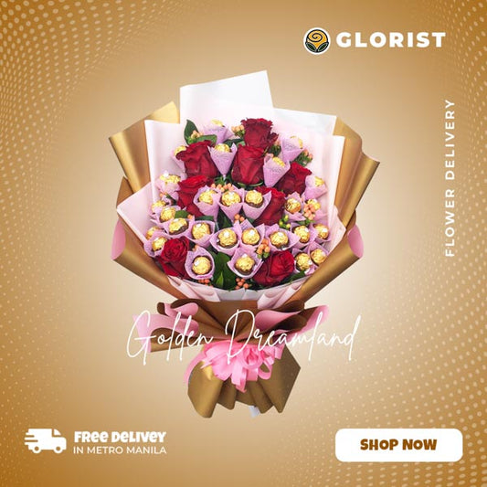 Golden Dreamland: A luxurious arrangement of 27 exquisite Ferrero Rocher chocolates and 8 Red Roses surrounded by hypericum berries, meticulously wrapped in two toned korean wrap and tied withs satin ribbon, creating a delightful indulgence for chocolate lovers.