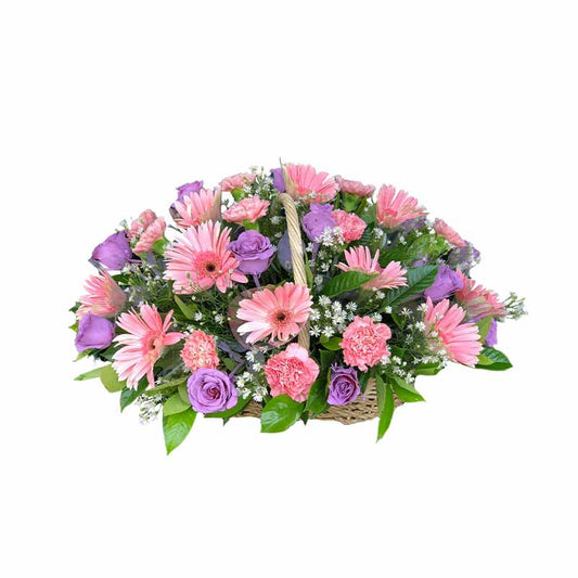 Fabulous Fantasy Basket Arrangement: Gerbera Daisies, Floral Painted Roses, Carnations