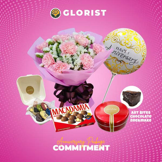 Radiant carnation bouquet, delectable Art Bites chocolate dream cake and cookies, irresistible Macadamia chocolate, and celebratory anniversary balloon thoughtfully bundled in this extraordinary package.