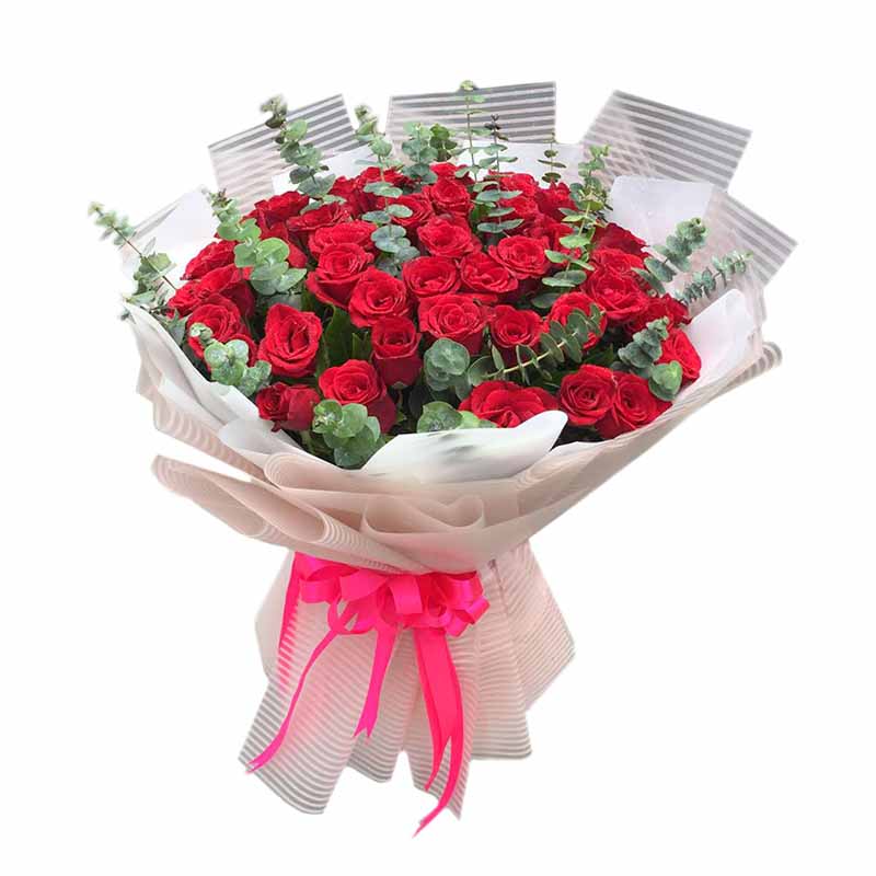 Striking bouquet of 60 passionate red roses with delicate eucalyptus fillers, beautifully presented in a Korean striped wrap and adorned with a luxurious satin ribbon, adding an extra touch of elegance and sophistication to this stunning floral arrangement.