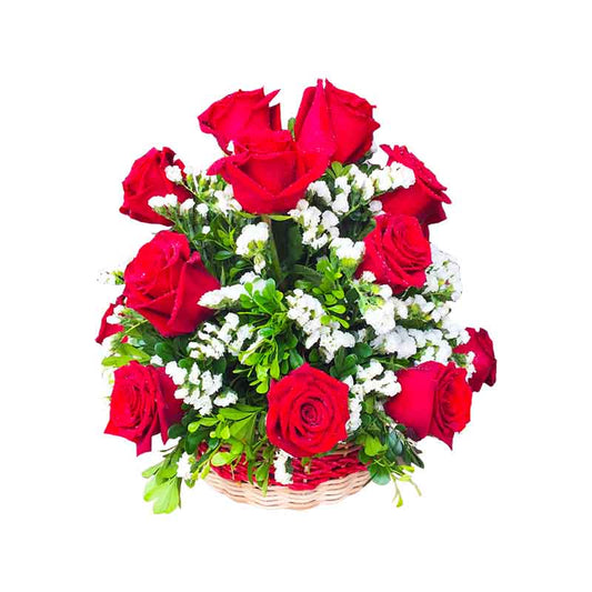 Ecuadorian Roses Basket with Statice & Cinnamon Leaves - A stunning arrangement for any occasion, radiating beauty and warmth.