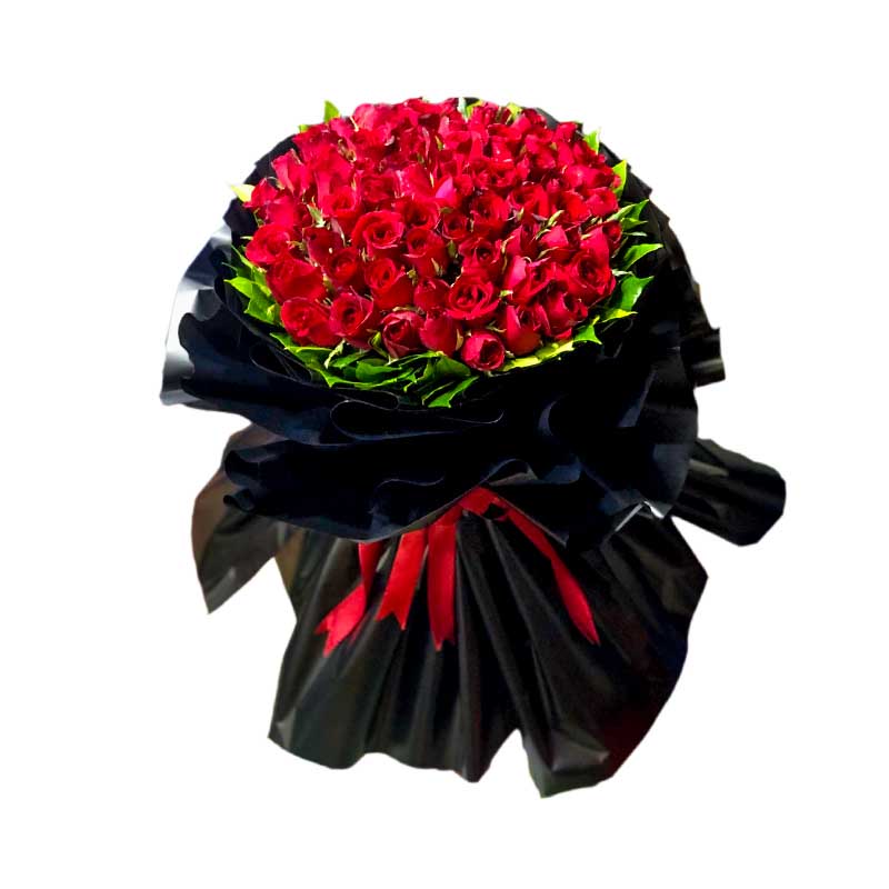 Captivating Bouquet: A lavish arrangement of 60 stunning red roses elegantly wrapped in a Korean-style packaging, complete with a luxurious satin ribbon. This exquisite bouquet is sure to make a lasting impression and add a touch of elegance to any occasion. Order this captivating bouquet of 60 red roses today and make a statement of love and beauty.