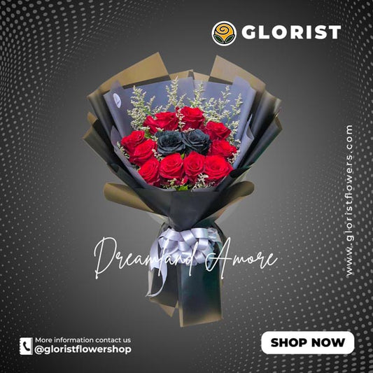 A striking bouquet featuring a vibrant arrangement of 10 red and 2 black Ecuadorian roses, adorned with delicate misty white fillers. The bouquet is elegantly wrapped in black Korean-style packaging, enhanced with a luxurious gray satin ribbon. This captivating floral ensemble is the perfect choice to convey joy and beauty for any special occasion.