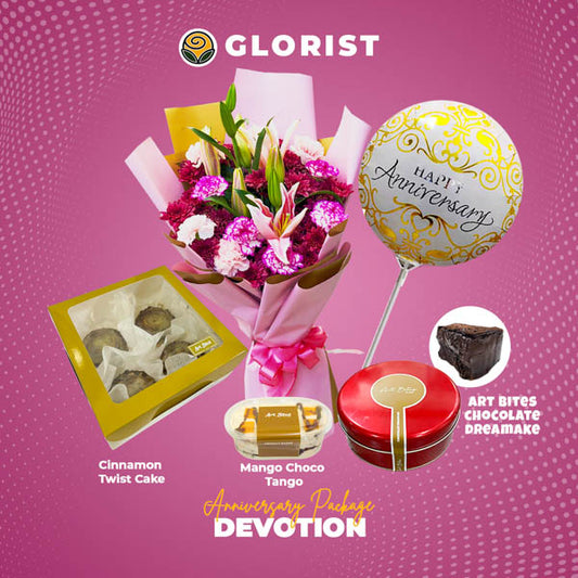 Devotion Anniversary Package with love bouquet, anniversary balloon, chocolate dream cake, cinnamon twist cake, and mango choco tango float for delivery in Metro Manila, Rizal, Bulacan, Laguna, and Tagaytay.