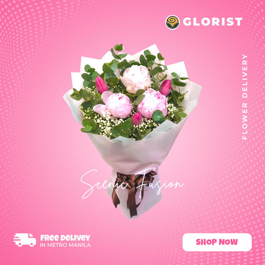 Exquisite bouquet of three pink peonies and three dark pink tulips, artfully arranged with care and adorned with gypsophila and silver dollar leaves, elegantly wrapped in korean wrap and enhanced with a delicate satin ribbon, adding a touch of sophistication to this stunning floral arrangement.
