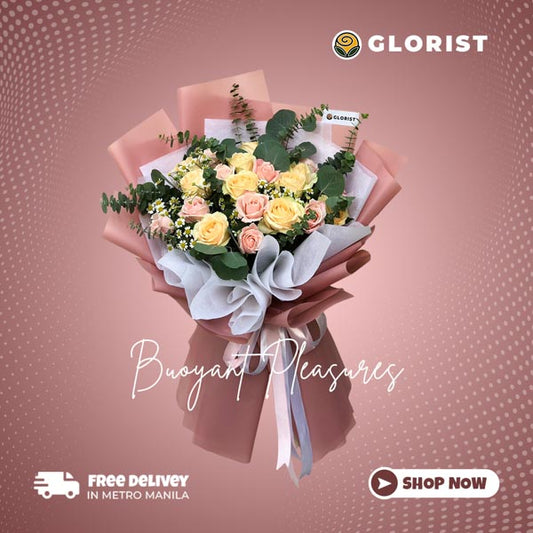 Captivating bouquet of 10 White China Roses and 10 Light Pink Roses complemented by delicate egg aster and eucalyptus Fillers, beautifully arranged in a Korean-style wrap and adorned with a luxurious Satin Ribbon.