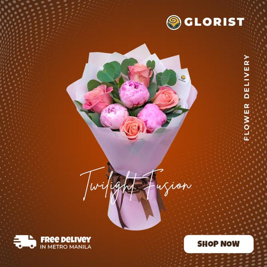 Exquisite bouquet of three purple peonies and three pomelo roses, artfully arranged with care and adorned with silver dollar leaves, elegantly wrapped in korean wrap and enhanced with a delicate satin ribbon, adding a touch of sophistication to this stunning floral arrangement.