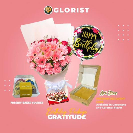 Gorgeous package featuring a stunning gerbera daisy and rose bouquet, mouthwatering Red Ribbon cake, delightful Art Bites cookies, Macadamia chocolate, and festive birthday balloon.