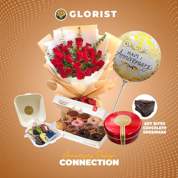 Elegant package showcasing a stunning rose bouquet paired with a delectable Art Bites chocolate dream cake and its cookies, an indulgent box of assorted Krispy Kreme doughnuts, and a celebratory anniversary balloon.