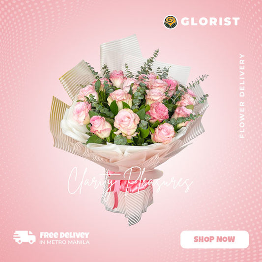 Charming bouquet of Pink China Roses and fresh Eucalyptus Leaves, expertly arranged in a Korean-style striped wrap, beautifully embellished with a luxurious Satin Ribbon. This delightful ensemble captures the essence of elegance and adds a visually appealing touch to any occasion.