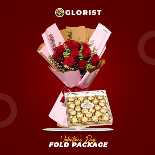 Fold Set Valentine’s bouquet with 10 imported China roses, eucalyptus fillers, wrapped in a light pink and gold two-tone Korean wrap, paired with T24 Ferrero Rocher chocolates.