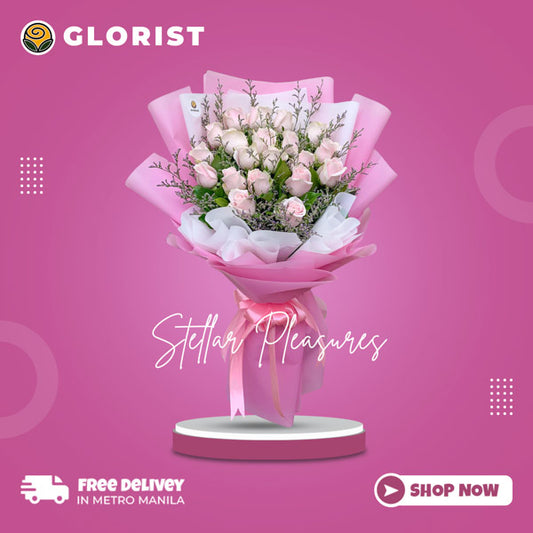 Captivating bouquet of 20 light pink China roses complemented by misty blue fillers, beautifully arranged in a white and pink Korean-style wrap and adorned with a luxurious pink Satin Ribbon.