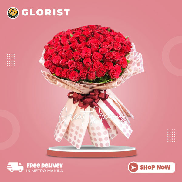 99 Red Roses Bouquet - Korean wrap, satin ribbon. Impressive and passionate floral arrangement for a special occasion.