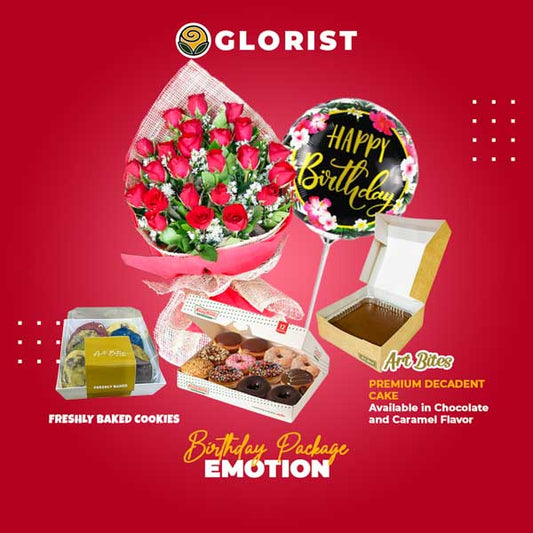 Captivating package showcasing a beautiful rose bouquet, delectable Red Ribbon cake, delightful Krispy Kreme doughnut, and festive birthday balloon.