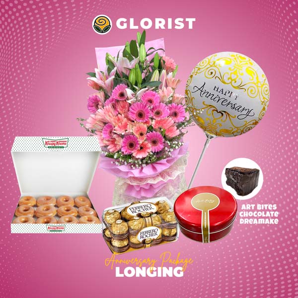 Exquisite package featuring a captivating combination of gerbera daisies and stargazer lilies bouquet, a mouthwatering Art Bites chocolate dream cake, a delightful Krispy Kreme doughnut, indulgent Ferrero Rocher chocolate, and a celebratory anniversary balloon.