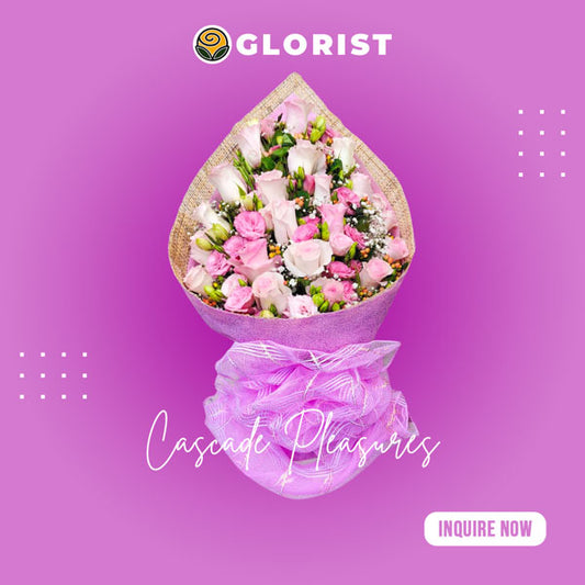 Captivating Bouquet of 20 pink China roses complemented by delicate hypericum berries, lisianthus, and gypsophila Fillers, beautifully arranged in a burlap and pink tissue wrap with pink net
