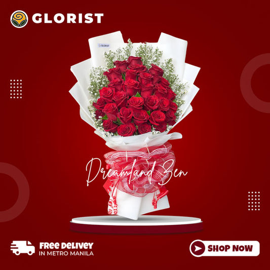 A captivating bouquet of 30 luxurious red Ecuadorian roses, beautifully complemented by vibrant gypsophila fillers. The roses are elegantly presented in a white Korean-style wrap, accentuated by a stylish red ribbon. This stunning arrangement is perfect for adding a touch of elegance and charm to any occasion.