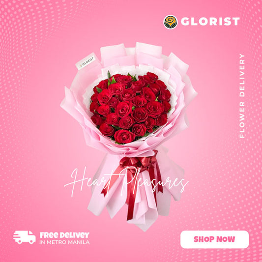 Captivating Bouquet of Red Roses, beautifully arranged in a Korean-style wrap and adorned with a luxurious Satin Ribbon.